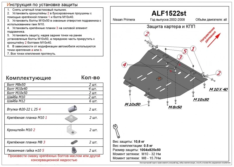 Защита картера и КПП для Nissan Primera III (P12)  Alfeco ALF1522AL