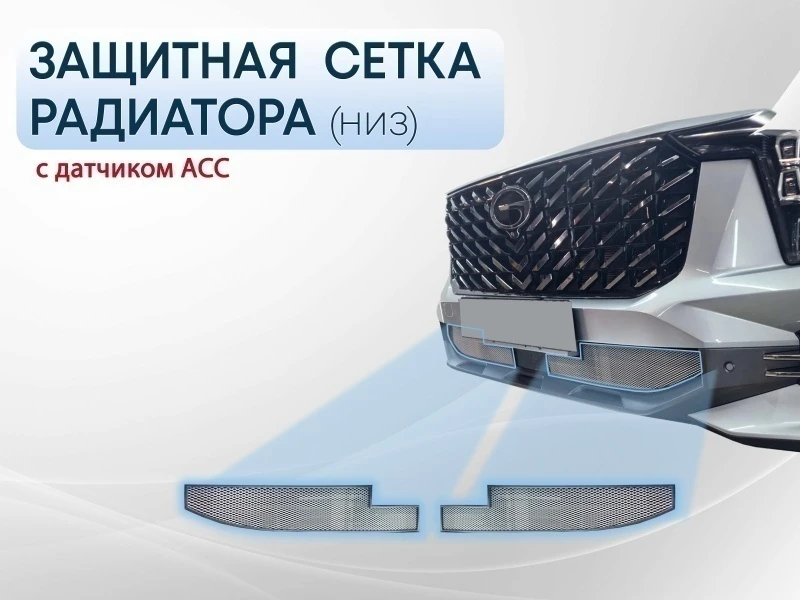 Защитная сетка радиатора низ 2 части, с датчиком ACC для GAC GS8 II Хром Стрелка 11 GACGS8.23.bot.chrome