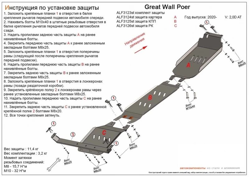 Комплект защит (картер, КПП и РК (3 части)) для Great Wall Poer I  Alfeco ALF3123ST