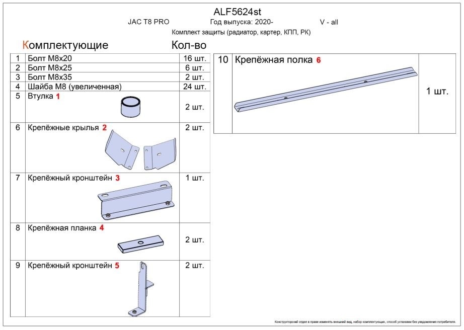 Комплект защиты (радиатор, картер, КПП, РК (4 части)) для JAC T8 PRO