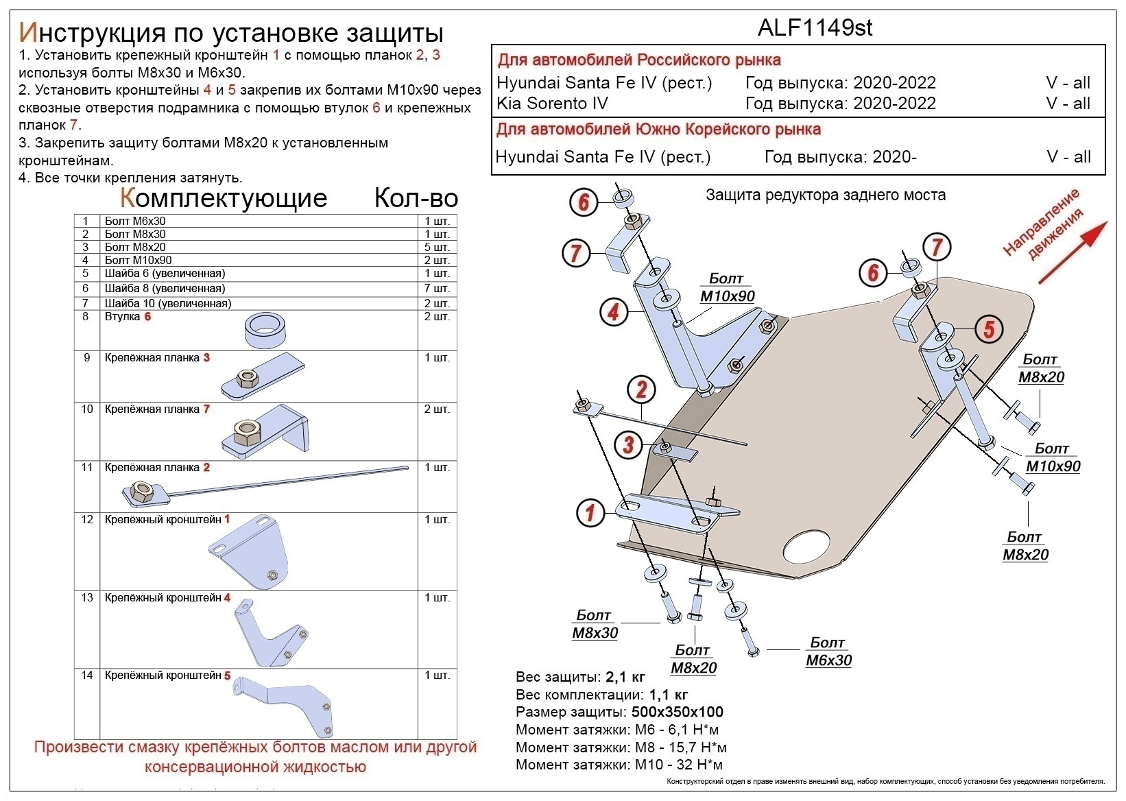 Защита редуктора заднего моста для Kia Sorento IV