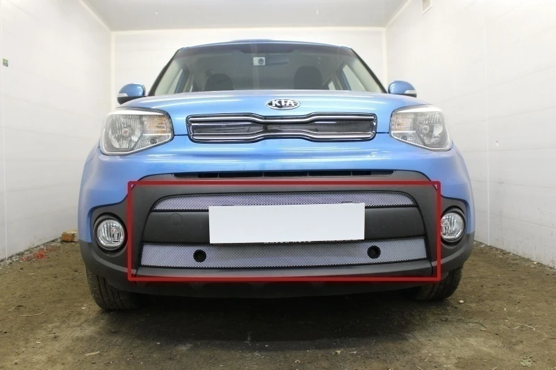 Защитная сетка радиатора низ 2 части с парктроником для Kia Soul II Рестайлинг Хром Стрелка 11 KSOUL17.park.chrome