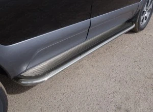 Пороги овальные гнутые с площадкой 75х42 мм (нерж. лист) для Kia Mohave I Рестайлинг  ТСС KIAMOH17-18