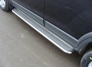 Пороги с площадкой (нерж. лист) 42,4 мм для Nissan X-Trail II Рестайлинг Серый ТСС NISXTR11-11