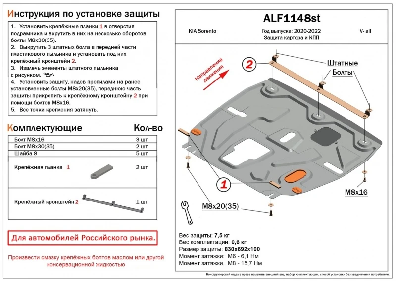 Защита картера и КПП для Kia Sorento IV  Alfeco ALF1148AL