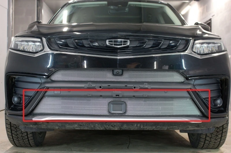 Защитная сетка радиатора низ, с датчиками для Geely Tugella I Хром Стрелка 11 GTUG20.bot.chrome