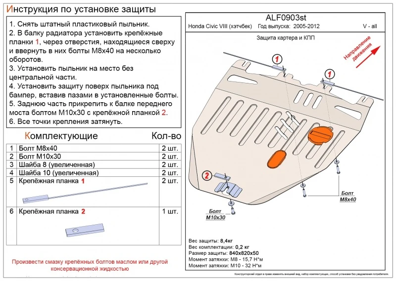 Защита картера и КПП для Honda Civic VIII Рестайлинг  Alfeco ALF0903AL4