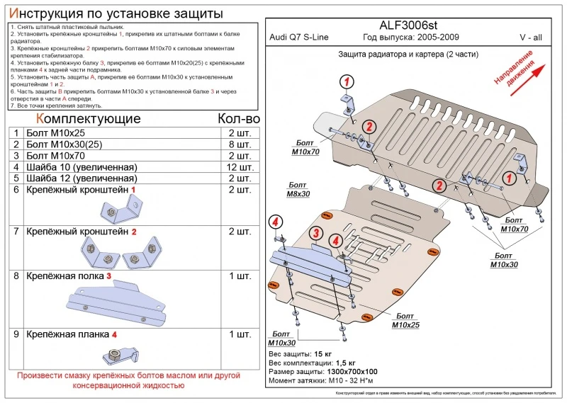 Защита радиатора и картера (2 части) для Audi Q7 I (4L)  Alfeco ALF3006AL4