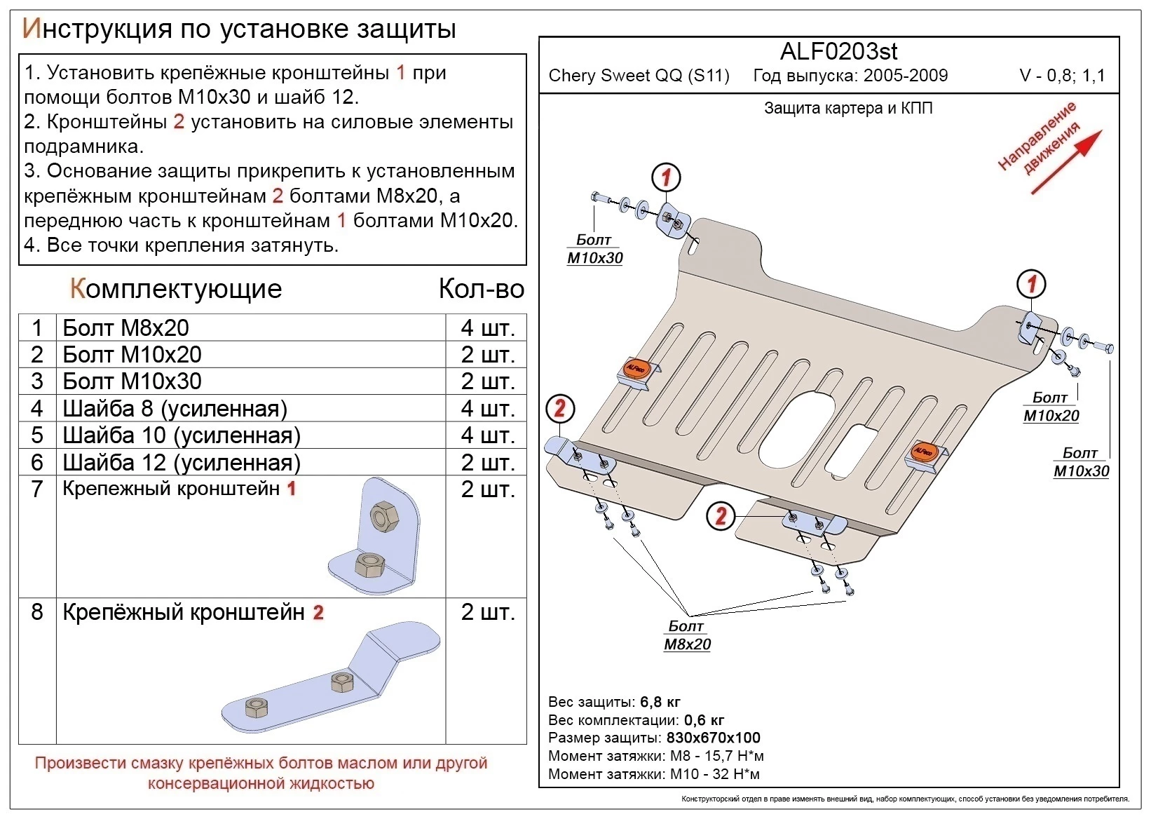 Защита картера и КПП для Chery Sweet (QQ)