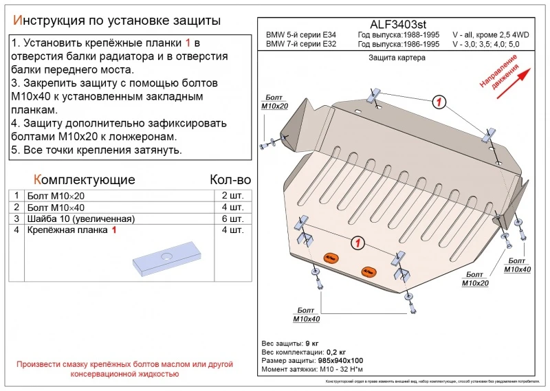 Защита картера для BMW 5 серии III (E34)  Alfeco ALF3403AL