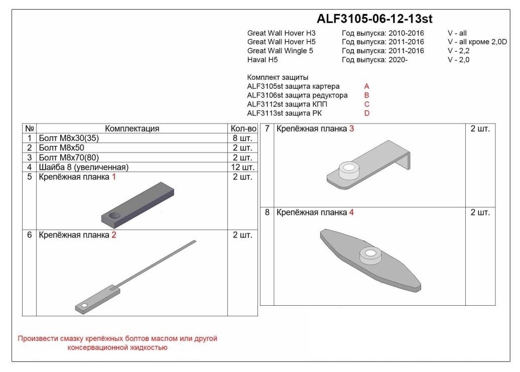 Защита картера, редуктора переднего моста, КПП и РК (4 части) для Haval H5 I