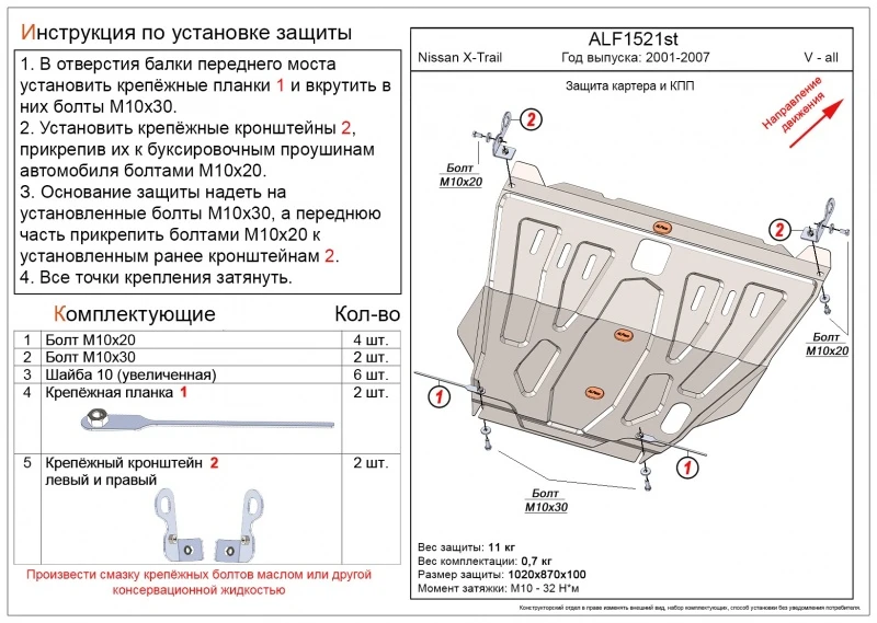 Защита картера и КПП для Nissan X-Trail I Рестайлинг Черный Alfeco ALF1521ST