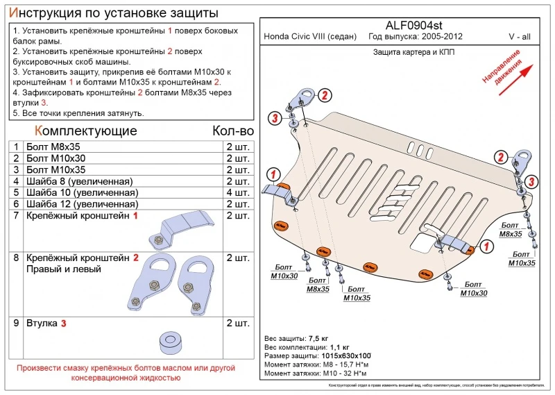 Защита картера и КПП для Honda Civic VIII Рестайлинг  Alfeco ALF0904AL4