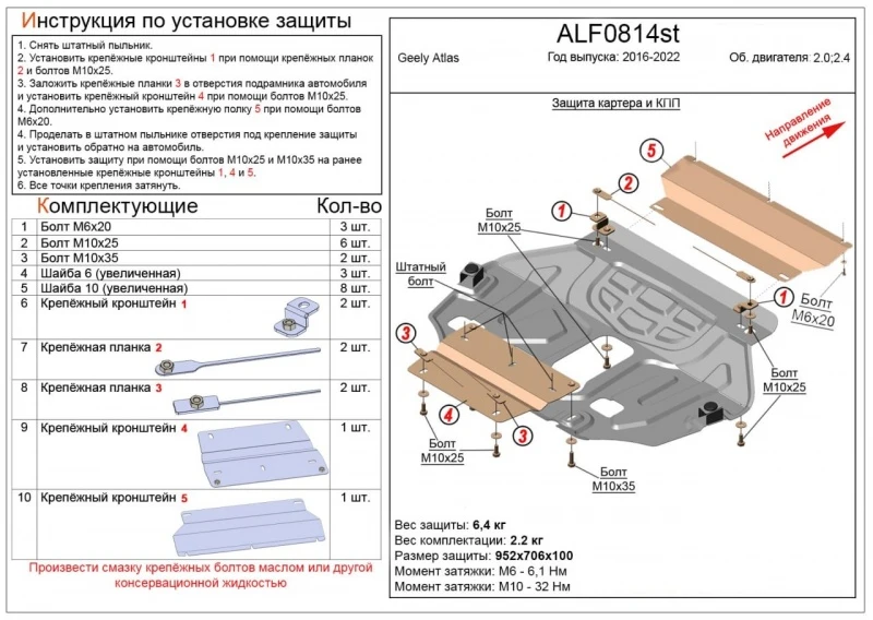 Защита картера и КПП для Geely Atlas I  Alfeco ALF0814AL