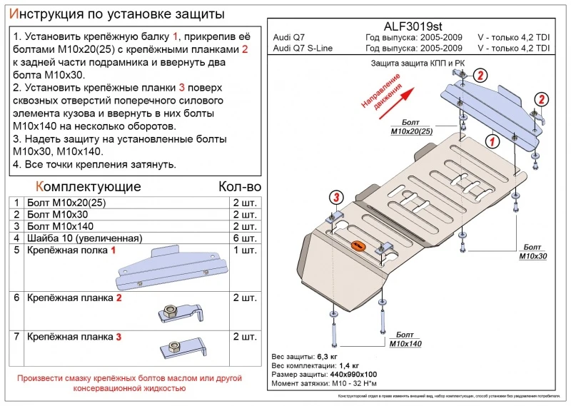 Защита КПП и РК для Audi Q7 I (4L) Черный Alfeco ALF3019ST