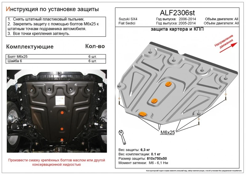 Защита картера и КПП (малая) для Fiat Sedici  Alfeco ALF2306AL4