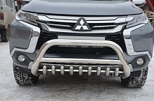 Защита переднего бампера скоба низкая+зубья d76/60/42 мм для Mitsubishi Pajero Sport III