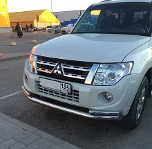 Защита переднего бампера двойная с гибами d76/42 мм для Mitsubishi Pajero IV Рестайлинг 2